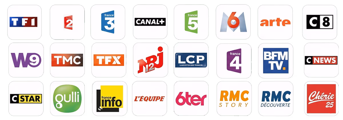 Logos de chaînes françaises : TF1, France 2, France 3, Canal+, M6, Arte, C8