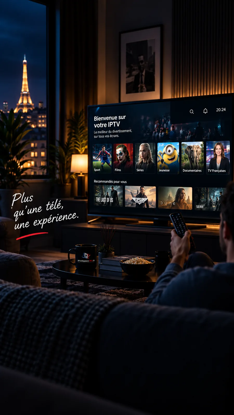 Une télévision affichant une interface de streaming dans un salon